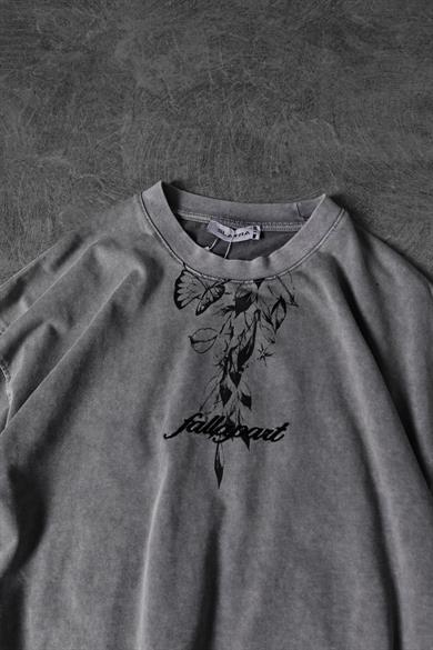 Erkek Gri Fallapart Özel Yıkamalı Kumaş Oversize Tshirt
