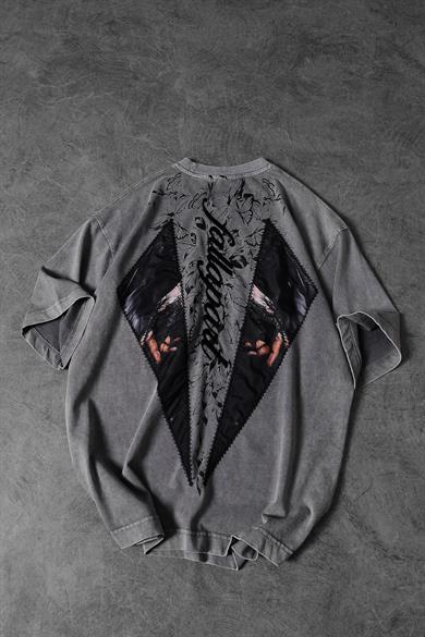 Erkek Gri Fallapart Özel Yıkamalı Kumaş Oversize Tshirt
