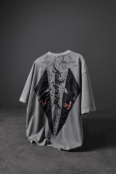 Erkek Gri Fallapart Özel Yıkamalı Kumaş Oversize Tshirt