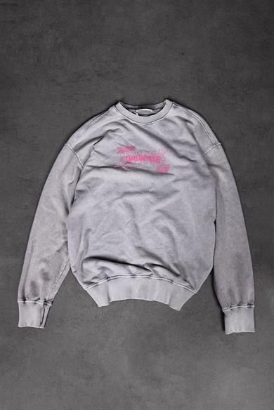 Erkek Gri Future Yıkamalı Baskılı Oversize Sweatshirt