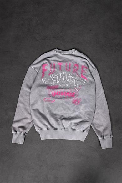 Erkek Gri Future Yıkamalı Baskılı Oversize Sweatshirt