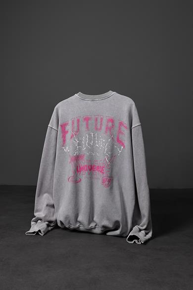 Erkek Gri Future Yıkamalı Baskılı Oversize Sweatshirt