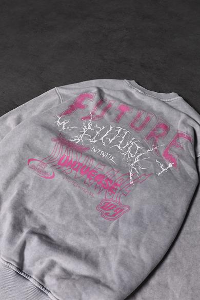 Erkek Gri Future Yıkamalı Baskılı Oversize Sweatshirt