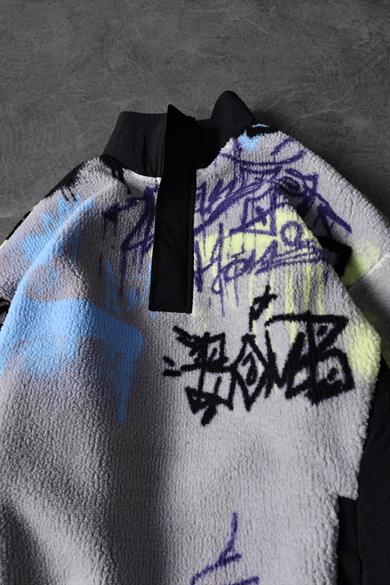 Erkek Gri Grafiti Baskılı Yarım Fermuar Oversize Peluş Sweatshirt