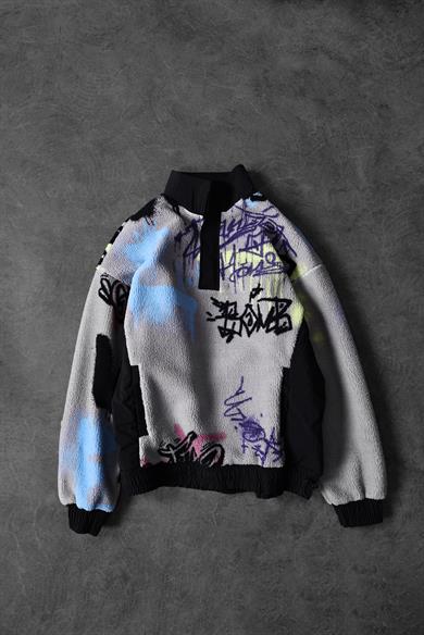 Erkek Gri Grafiti Baskılı Yarım Fermuar Oversize Peluş Sweatshirt