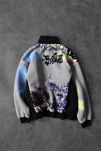 Erkek Gri Grafiti Baskılı Yarım Fermuar Oversize Peluş Sweatshirt
