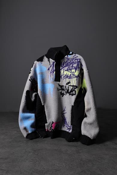 Erkek Gri Grafiti Baskılı Yarım Fermuar Oversize Peluş Sweatshirt