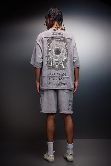 Erkek Gri İnveniam Patchli Oversize Yıkama Efektli Tshirt