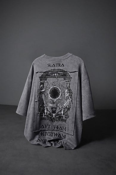 Erkek Gri İnveniam Patchli Oversize Yıkama Efektli Tshirt