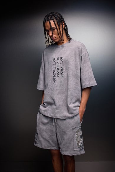 Erkek Gri İnveniam Patchli Oversize Yıkama Efektli Tshirt