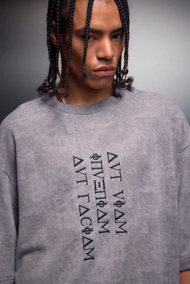Erkek Gri İnveniam Patchli Oversize Yıkama Efektli Tshirt