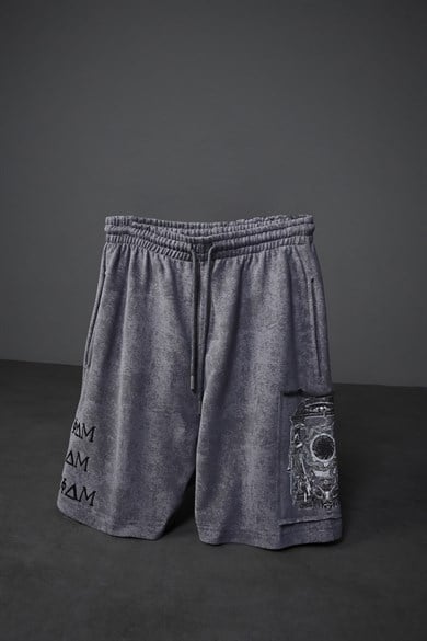 Erkek Gri İnveniam Pathcli Yıkama Efektli Diz Üstü Şort