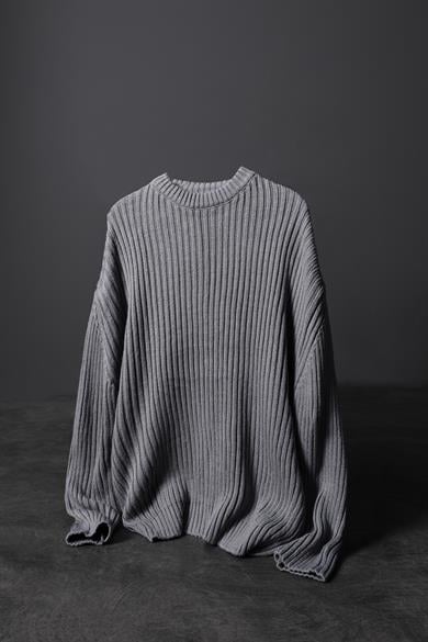 Erkek Gri Kalın Fitilli Yün Karışımlı Bisiklet Yaka Oversize Kazak