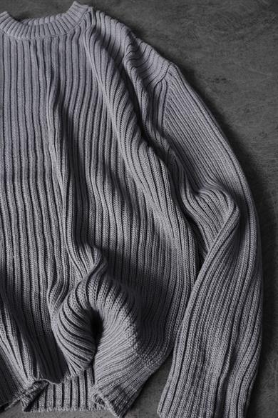 Erkek Gri Kalın Fitilli Yün Karışımlı Bisiklet Yaka Oversize Kazak