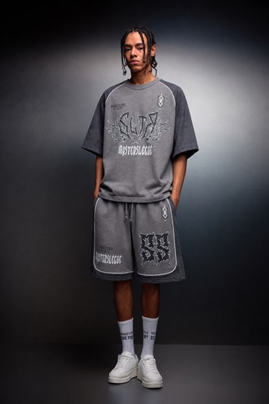 Erkek Gri Masters Baskılı Yıkama Efektli Oversize Tshirt