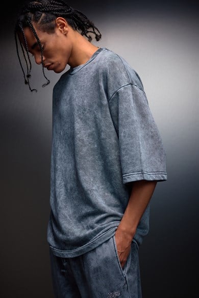 Erkek Gri Oversize Yıkama Efektli Basic Tshirt