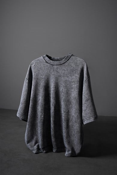 Erkek Gri Oversize Yıkama Efektli Basic Tshirt