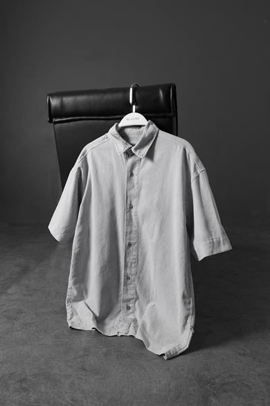 Erkek Gri Özel Yıkamalı Nakış Detay Oversize Gömlek