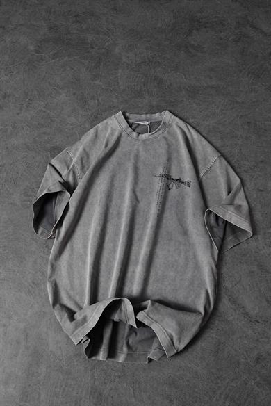 Erkek Gri S-47 Özel Yıkamalı Kumaş Oversize Tshirt