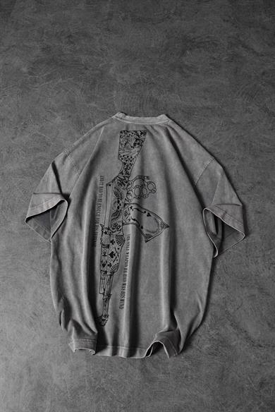 Erkek Gri S-47 Özel Yıkamalı Kumaş Oversize Tshirt