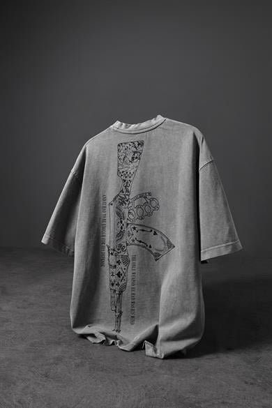 Erkek Gri S-47 Özel Yıkamalı Kumaş Oversize Tshirt
