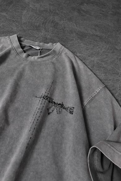 Erkek Gri S-47 Özel Yıkamalı Kumaş Oversize Tshirt