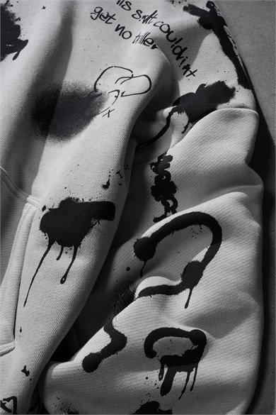 Erkek Gri S Grafiti Oversize Hoodie