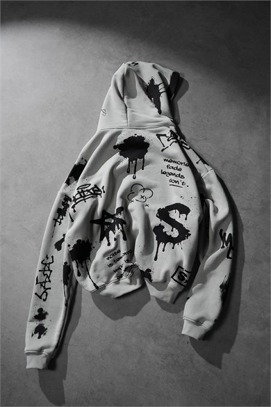 Erkek Gri S Grafiti Oversize Hoodie