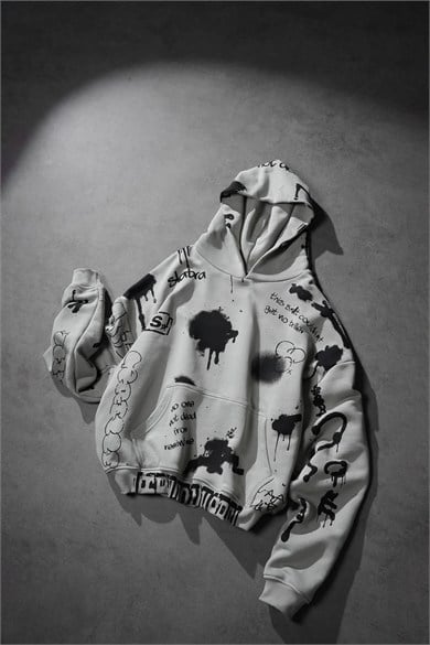 Erkek Gri S Grafiti Oversize Hoodie