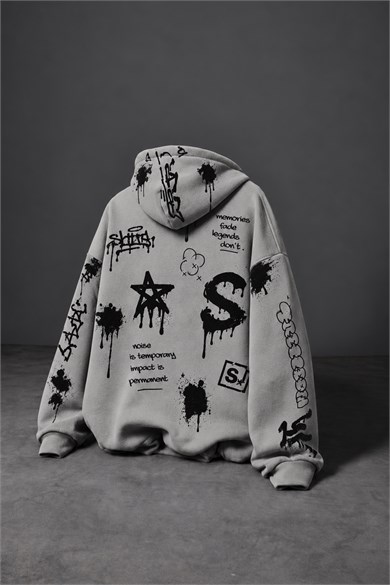 Erkek Gri S Grafiti Oversize Hoodie