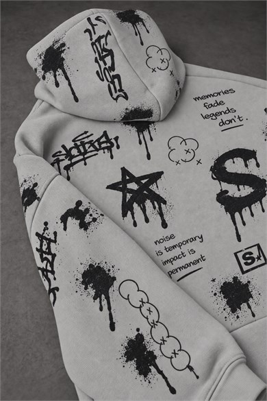 Erkek Gri S Grafiti Oversize Hoodie