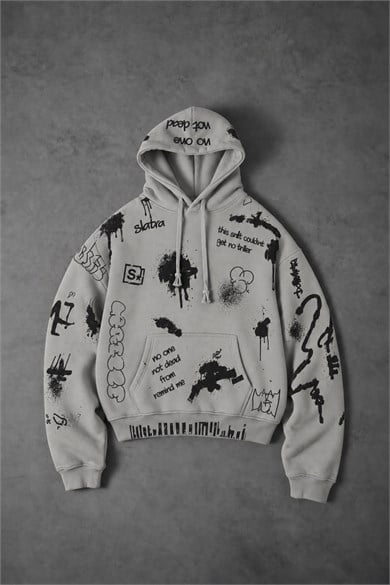Erkek Gri S Grafiti Oversize Hoodie