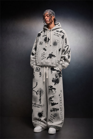 Erkek Gri S Grafiti Oversize Hoodie