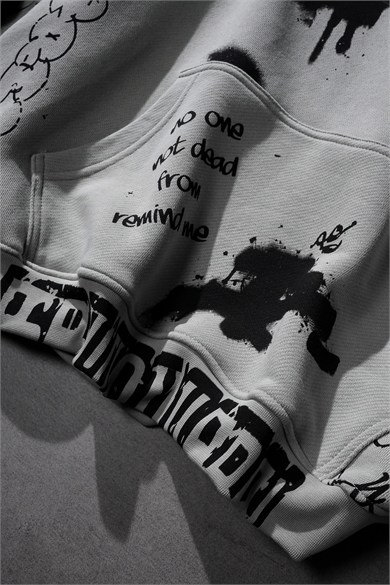 Erkek Gri S Grafiti Oversize Hoodie
