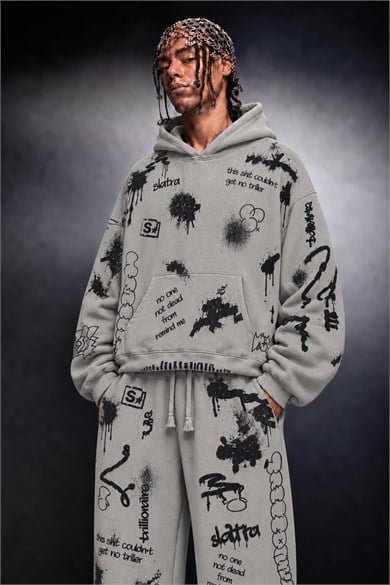 Erkek Gri S Grafiti Oversize Hoodie