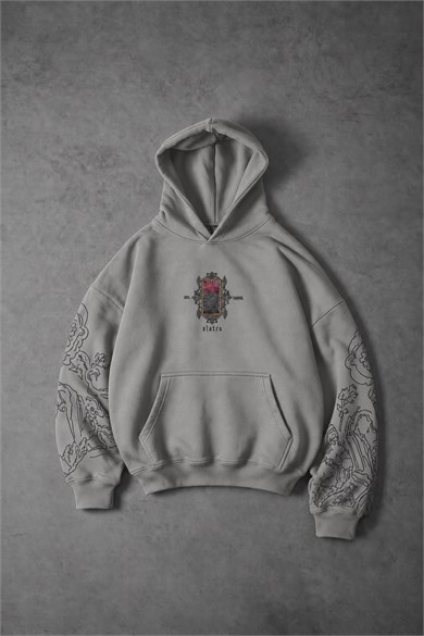Erkek Gri Sanctum Kadife Patch Oversize Hoodie