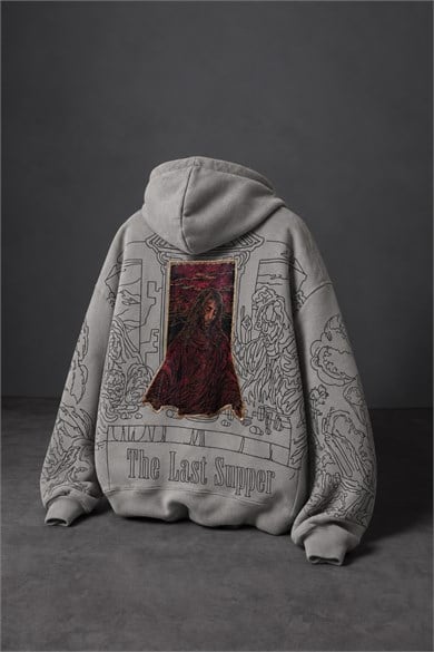 Erkek Gri Sanctum Kadife Patch Oversize Hoodie