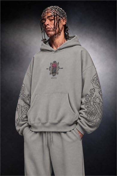 Erkek Gri Sanctum Kadife Patch Oversize Hoodie
