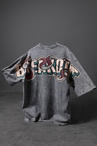 Erkek Gri Snake Baskı Özel Yıkamalı Kumaş  Oversize Tshirt