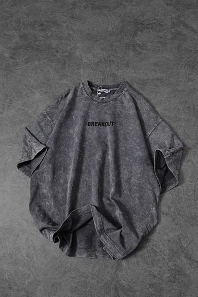 Erkek Gri Snake Baskı Özel Yıkamalı Kumaş  Oversize Tshirt