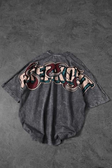 Erkek Gri Snake Baskı Özel Yıkamalı Kumaş  Oversize Tshirt