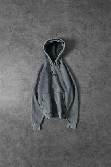Erkek Gri Snake Yıkamalı Kapüşonlu Oversize Sweatshirt