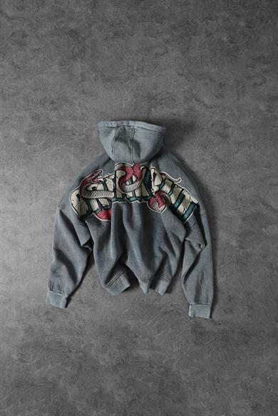 Erkek Gri Snake Yıkamalı Kapüşonlu Oversize Sweatshirt