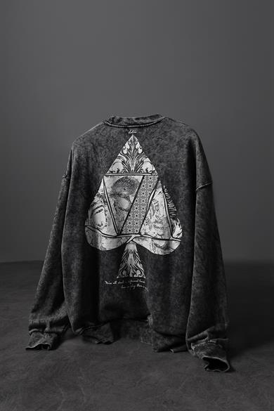 Erkek Gri Spades Yıkamalı Bisiklet Yaka Oversize Sweatshirt