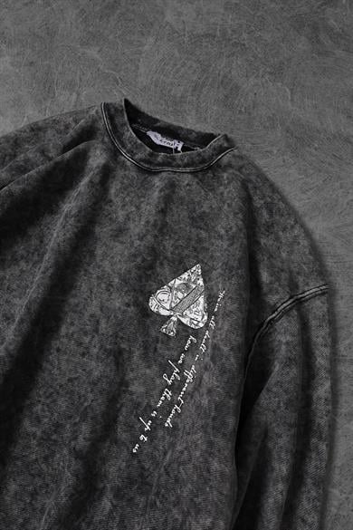 Erkek Gri Spades Yıkamalı Bisiklet Yaka Oversize Sweatshirt