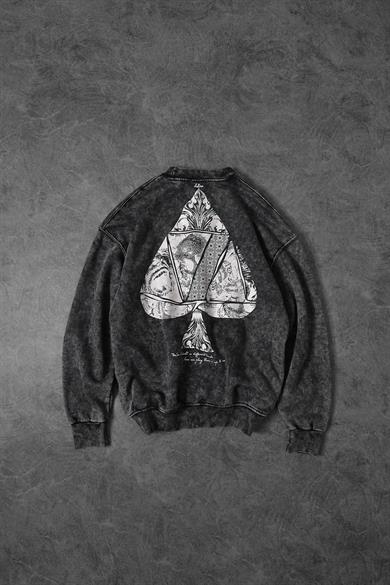 Erkek Gri Spades Yıkamalı Bisiklet Yaka Oversize Sweatshirt