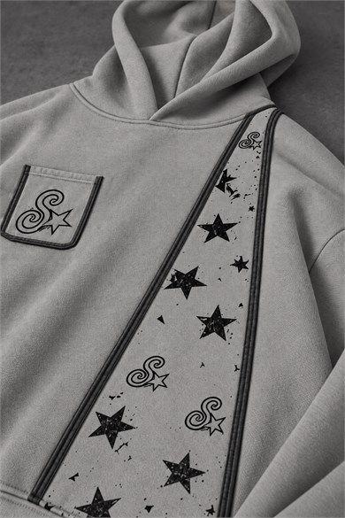 Erkek Gri SStar Kot Biye Oversize Hoodie
