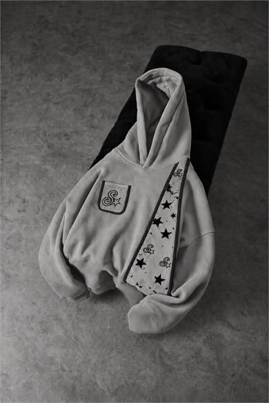 Erkek Gri SStar Kot Biye Oversize Hoodie