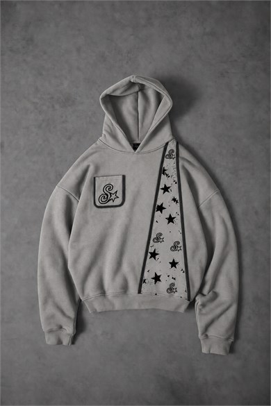 Erkek Gri SStar Kot Biye Oversize Hoodie