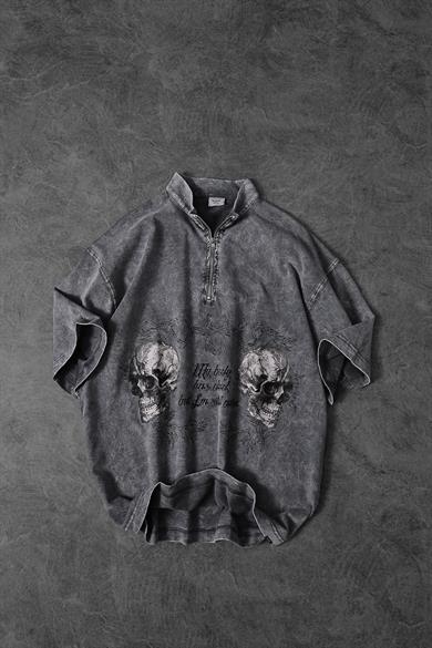 Erkek Gri Still Alive Özel Yıkamalı Kumaş Oversize Tshirt